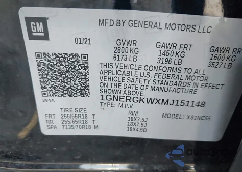 2021 Chevrolet Traverse Fwd Lt Cloth z USA, uszkodzony, nr VIN 1GNERGKWXMJ151148